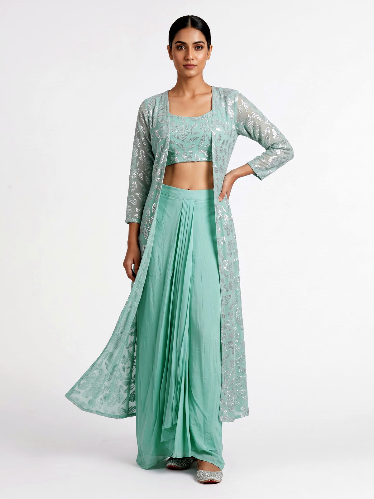 Mint green georgette indowestern suit with sequined jacket