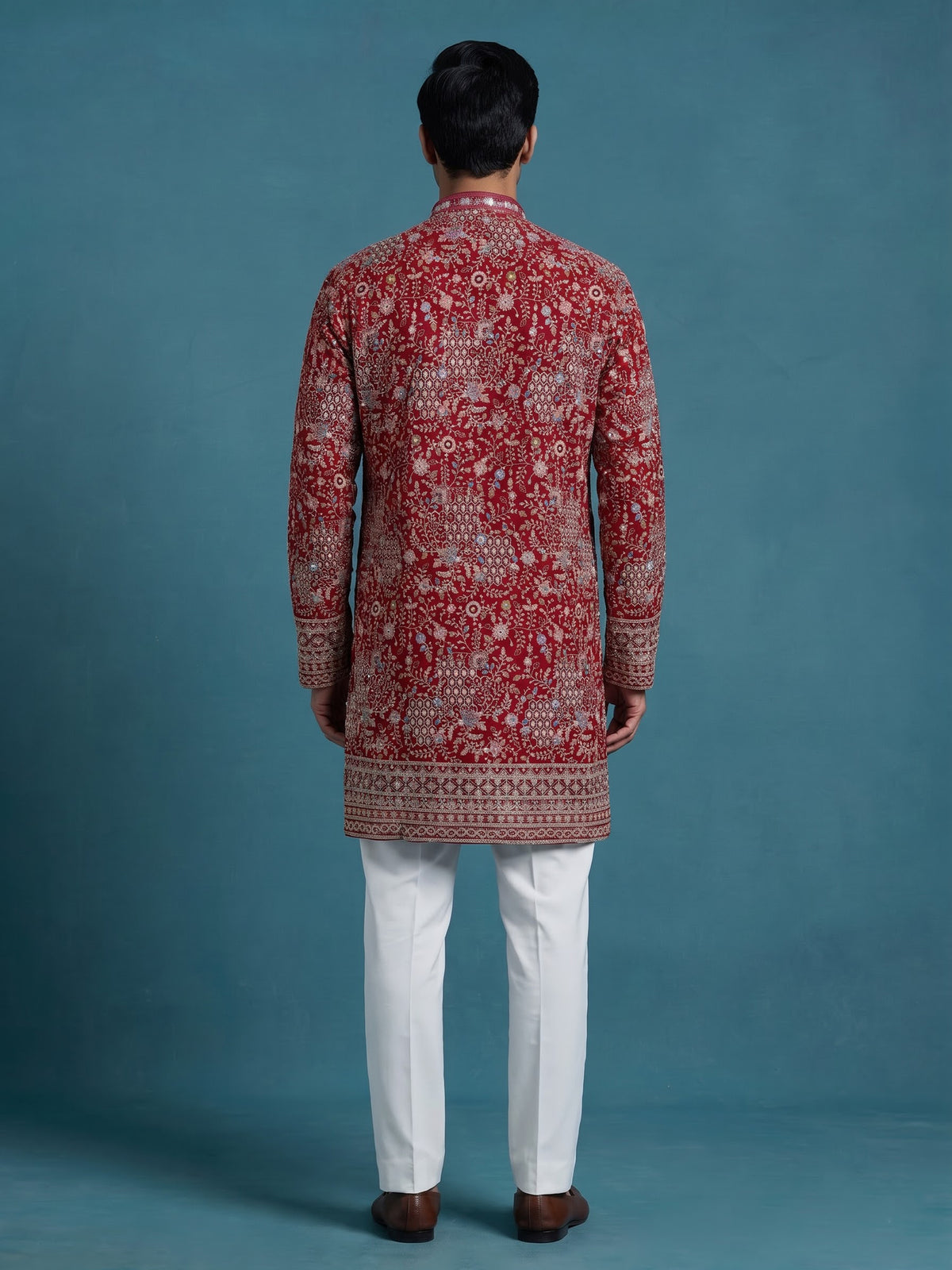 Red georgette mens kurta suit with mirror floral jaal
