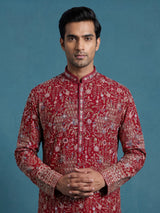Red georgette mens kurta suit with mirror floral jaal