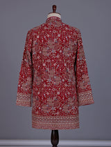Red georgette mens kurta suit with mirror floral jaal