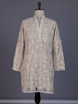 Beige net mens kurta suit with opulent floral sequin embroidery