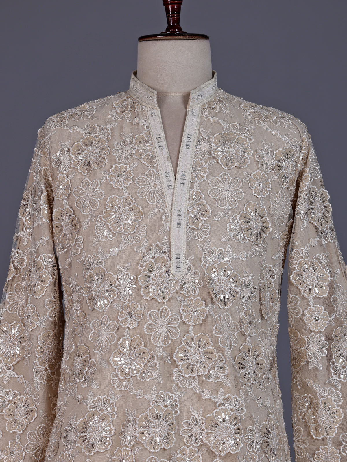 Beige net mens kurta suit with opulent floral sequin embroidery