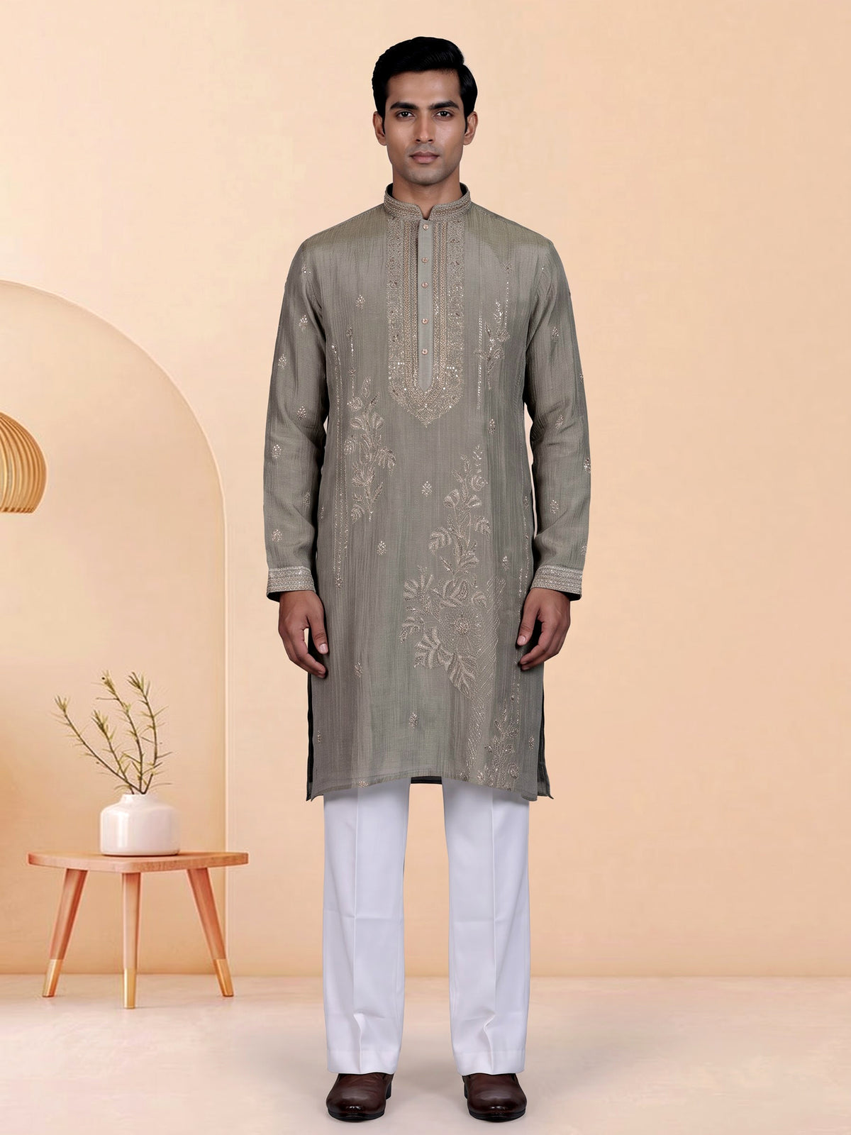 Pastel olive mens kurta suit with asymmetric floral zardosi detailing