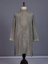Pastel olive mens kurta suit with asymmetric floral zardosi detailing