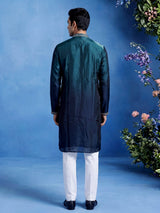Peacock green micro velvet mens kurta suit with silver embellished yoke