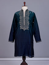 Peacock green micro velvet mens kurta suit with silver embellished yoke