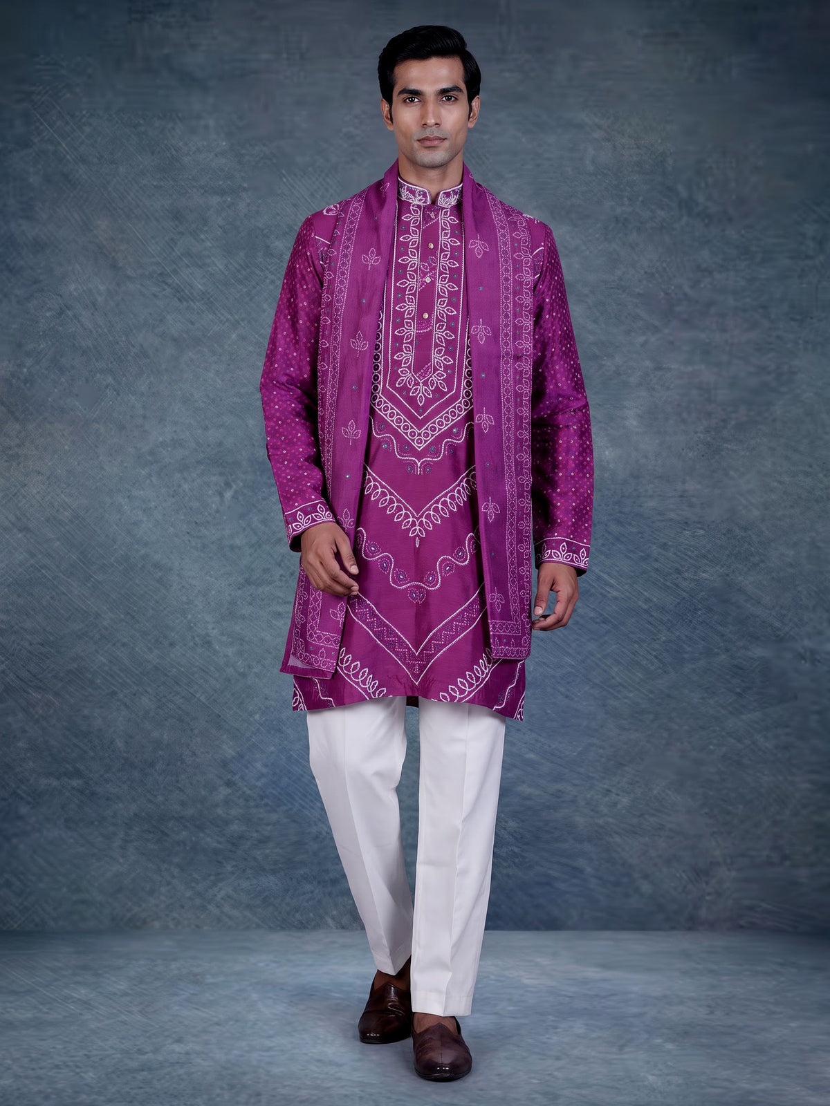 Lavender purple mens Chanderi Blend kurta suit with bandhani sequin detailing