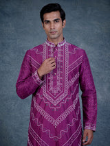 Lavender purple mens Chanderi Blend kurta suit with bandhani sequin detailing