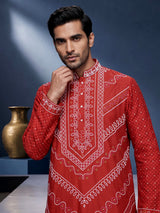 Orange Chanderi Blend mens kurta suit with bandhani print and sequin borders