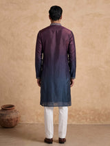 Wine and blue Dupion Silk Blend mens kurta suit with ornate embellished neckline