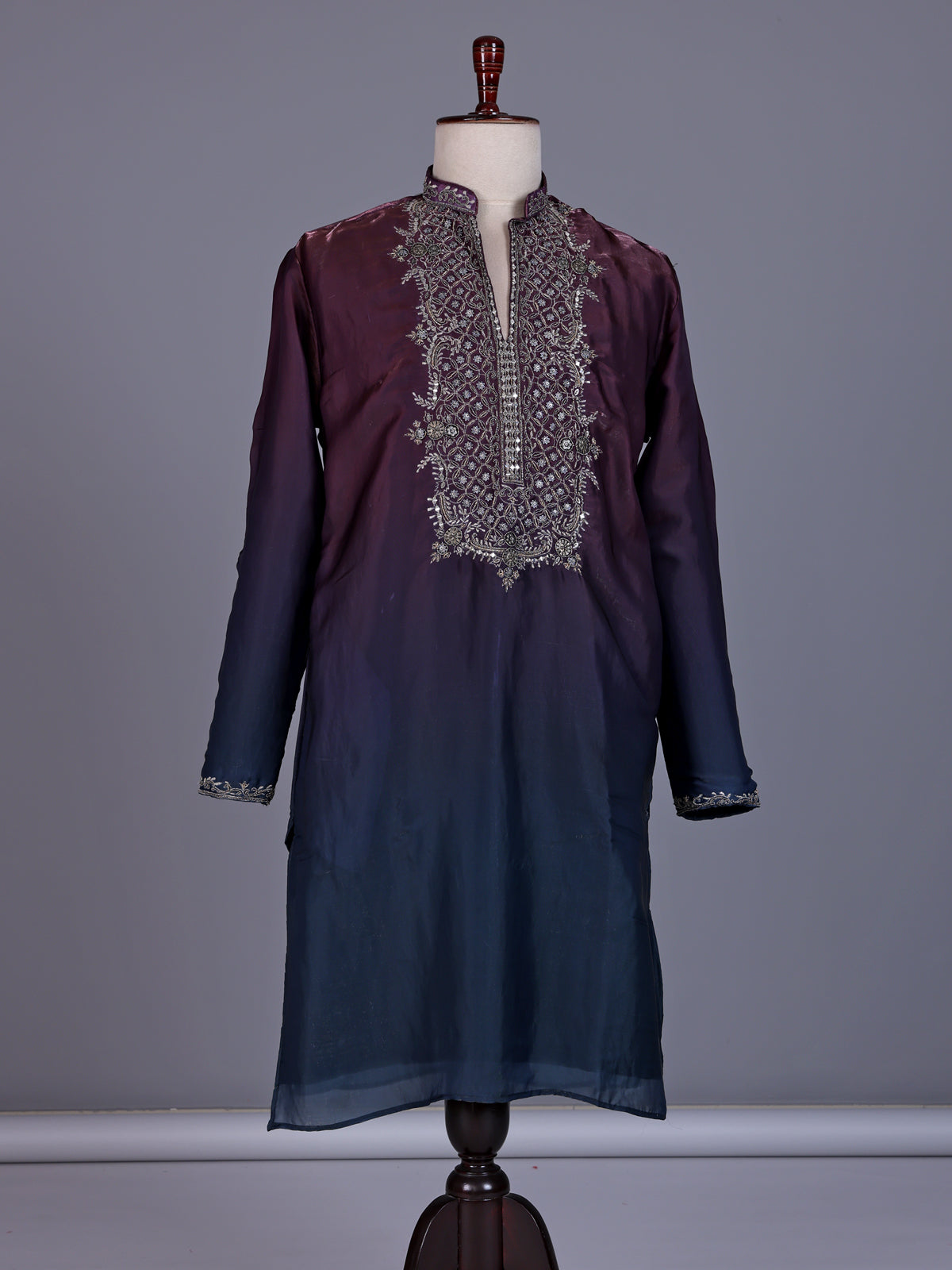 Wine and blue Dupion Silk Blend mens kurta suit with ornate embellished neckline