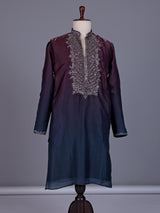 Wine and blue Dupion Silk Blend mens kurta suit with ornate embellished neckline