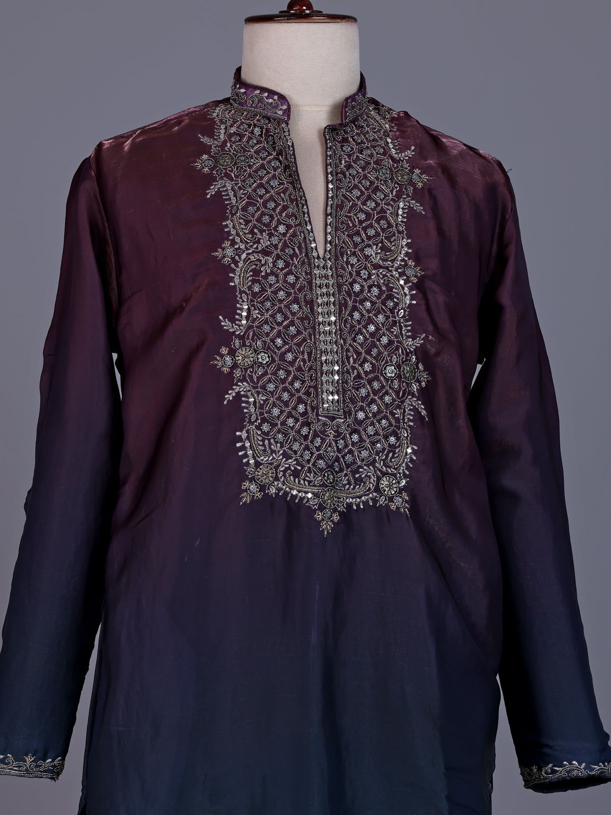 Wine and blue Dupion Silk Blend mens kurta suit with ornate embellished neckline