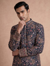 Teal green georgette silk mens kurta suit with mirror embellishments