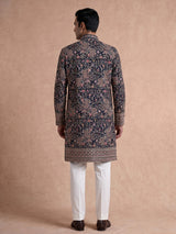 Teal green georgette silk mens kurta suit with mirror embellishments