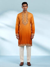 Orange silk blend mens kurta suit with mirror zardozi chevron yoke