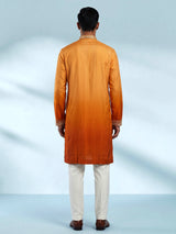 Orange silk blend mens kurta suit with mirror zardozi chevron yoke