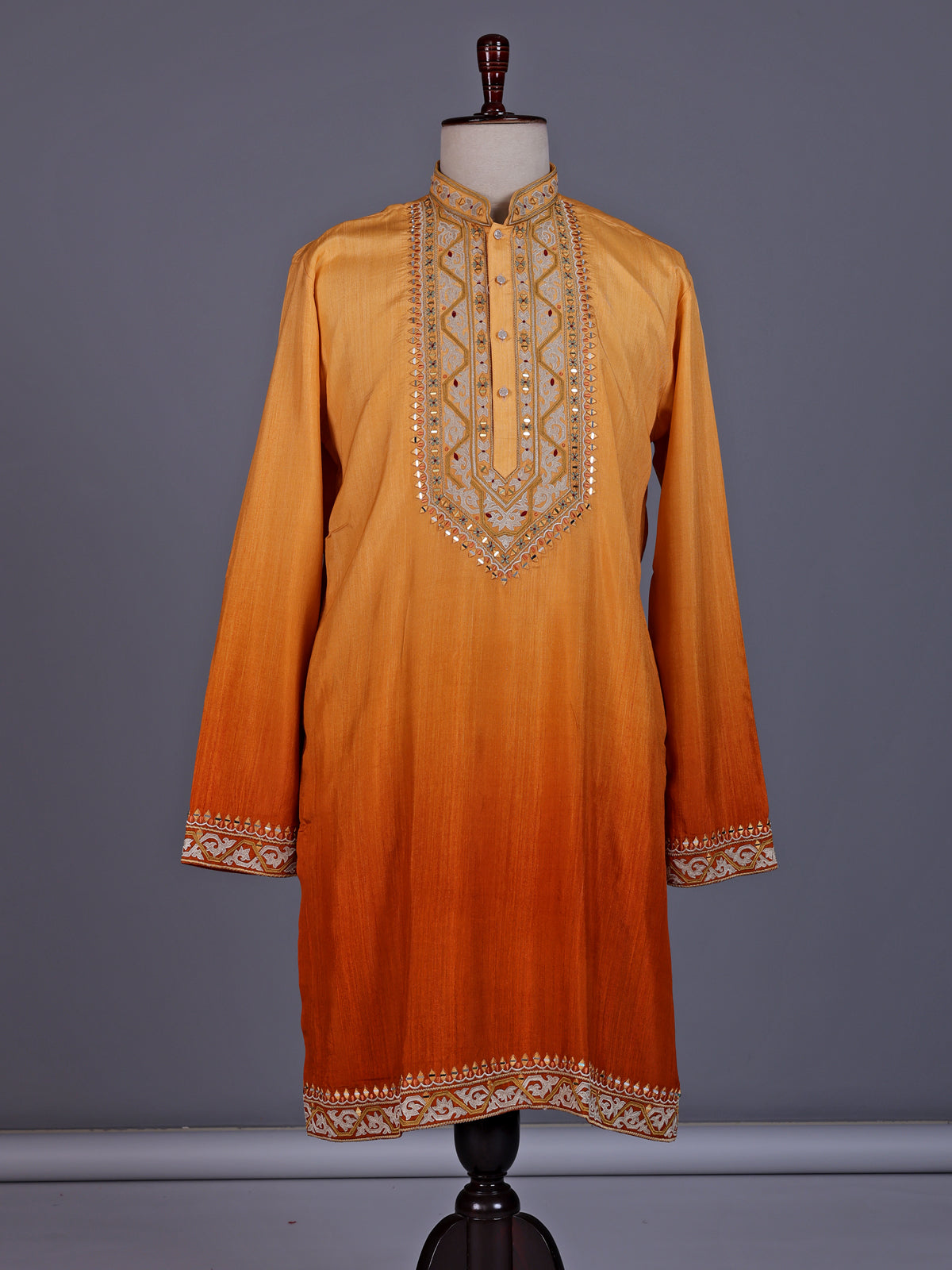 Orange silk blend mens kurta suit with mirror zardozi chevron yoke
