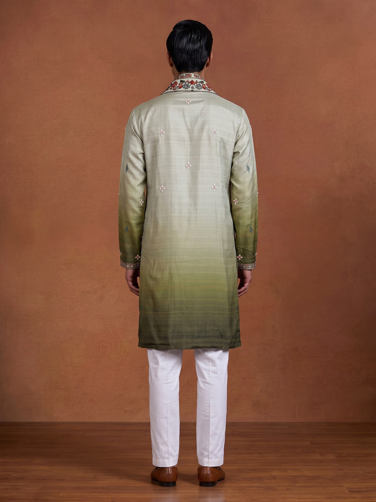 Mehendi green tusser silk mens kurta suit with kashmiri floral stole