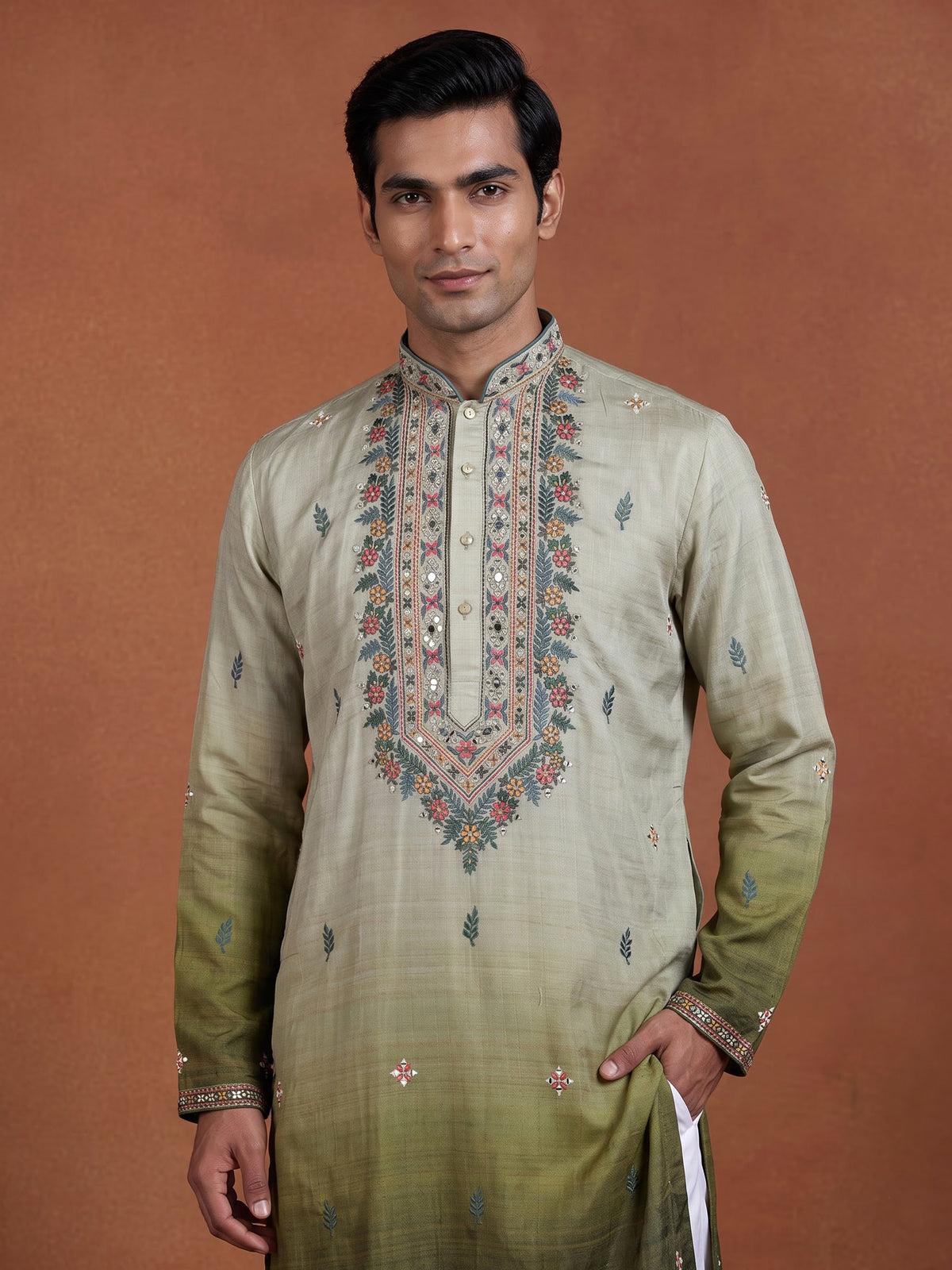 Mehendi green tusser silk mens kurta suit with kashmiri floral stole