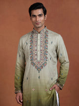 Mehendi green tusser silk mens kurta suit with kashmiri floral stole
