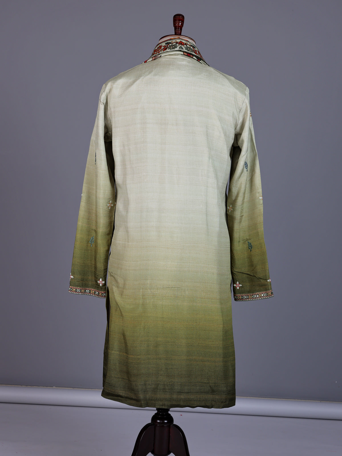 Mehendi green tusser silk mens kurta suit with kashmiri floral stole