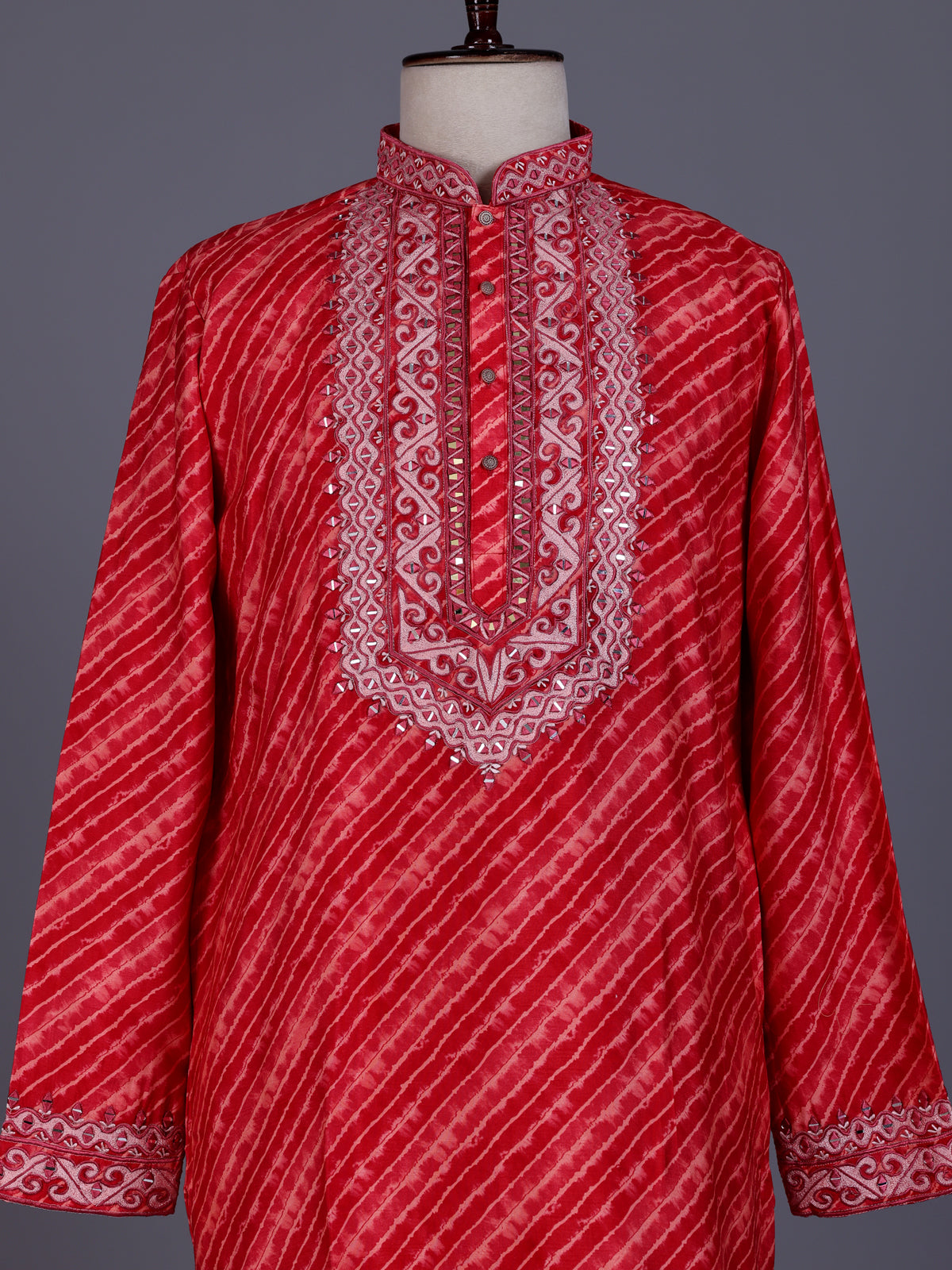 Red Art Silk mens kurta suit with ornate leheriya mirror work yoke