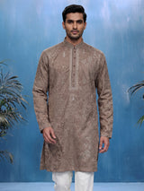 Dark beige Jacquard Silk Blend mens kurta suit with aabla zari detailing