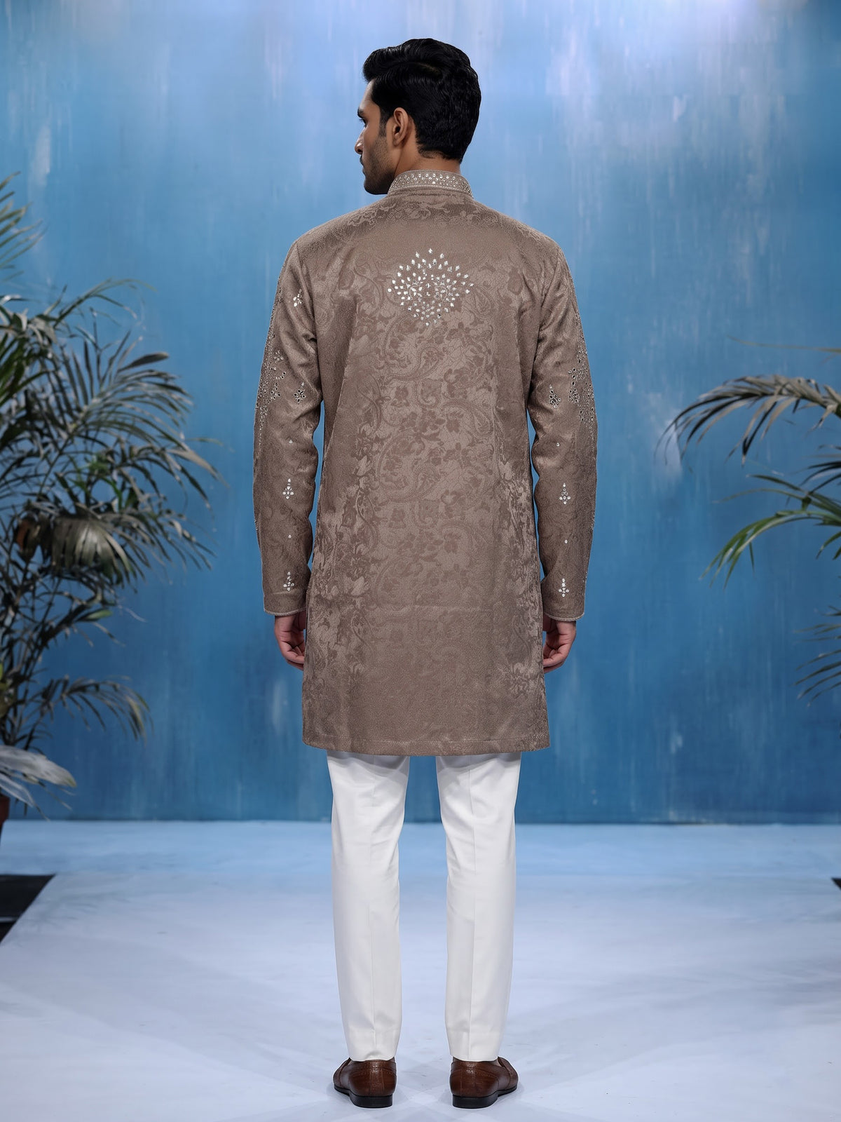 Dark beige Jacquard Silk Blend mens kurta suit with aabla zari detailing