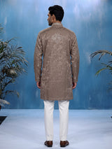 Dark beige Jacquard Silk Blend mens kurta suit with aabla zari detailing