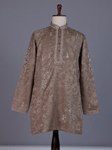 Dark beige Jacquard Silk Blend mens kurta suit with aabla zari detailing