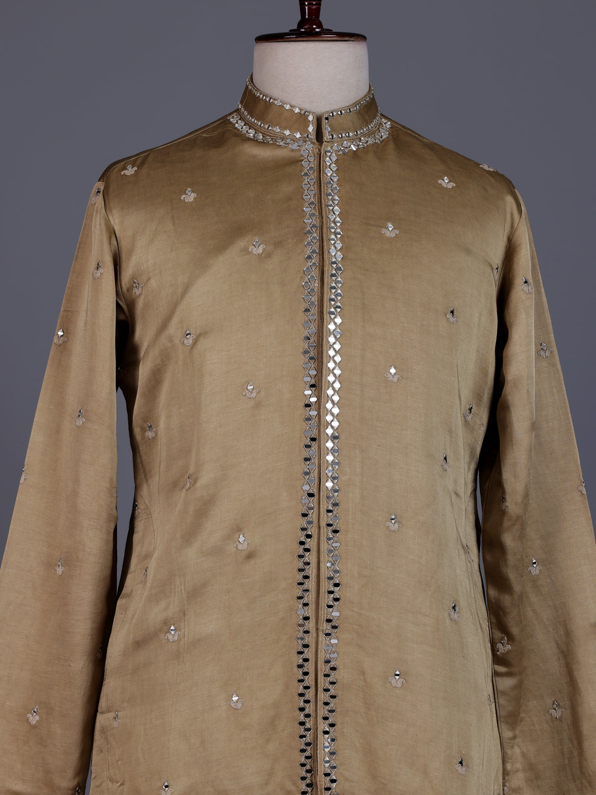 Pastel beige tusser silk mens kurta suit with mirrorwork embellished stole