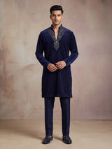 Navy blue Textured Velvet mens kurta suit with tonal embellished V-slit