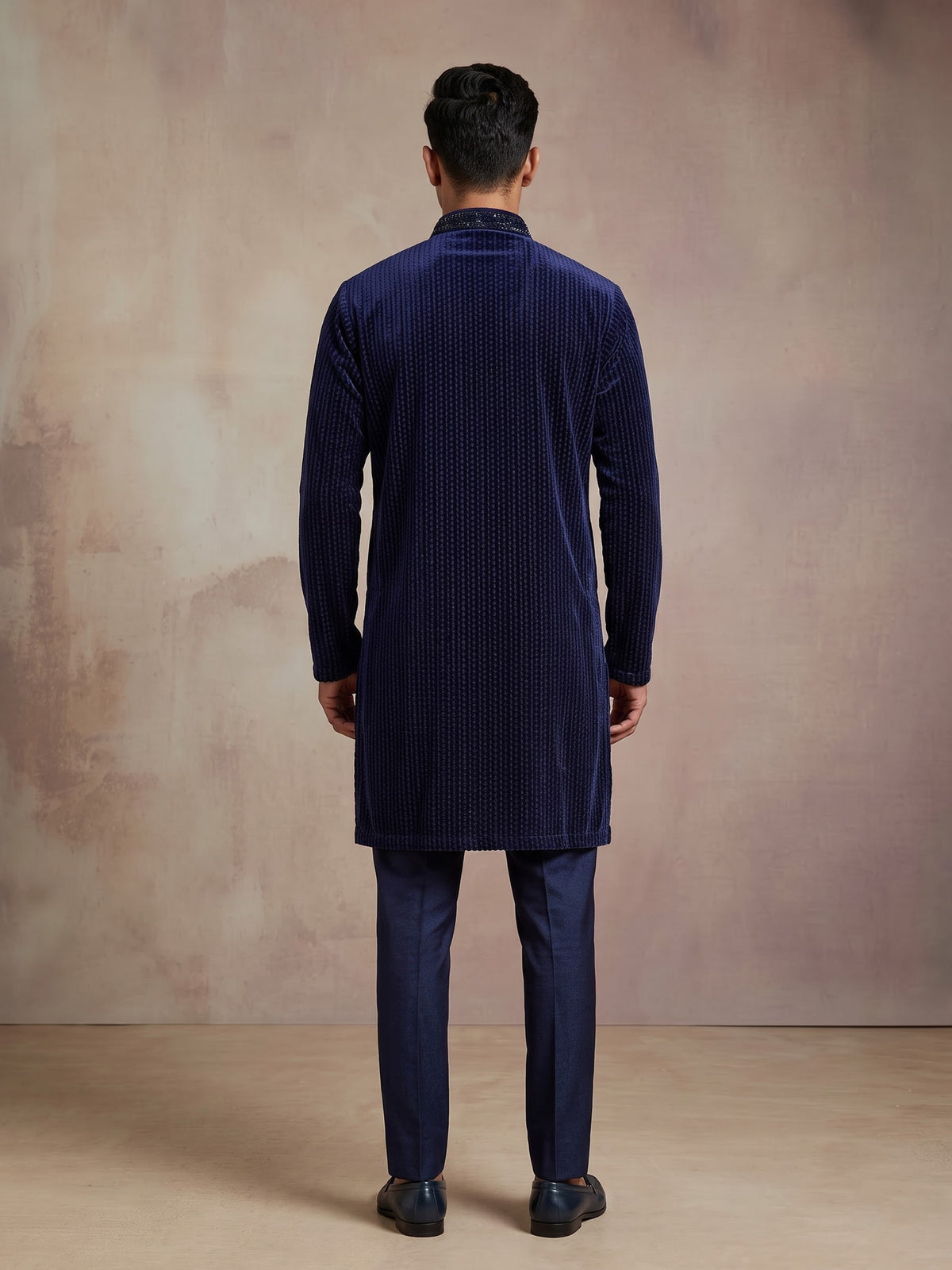 Navy blue Textured Velvet mens kurta suit with tonal embellished V-slit