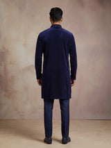 Navy blue Textured Velvet mens kurta suit with tonal embellished V-slit