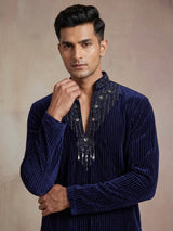 Navy blue Textured Velvet mens kurta suit with tonal embellished V-slit