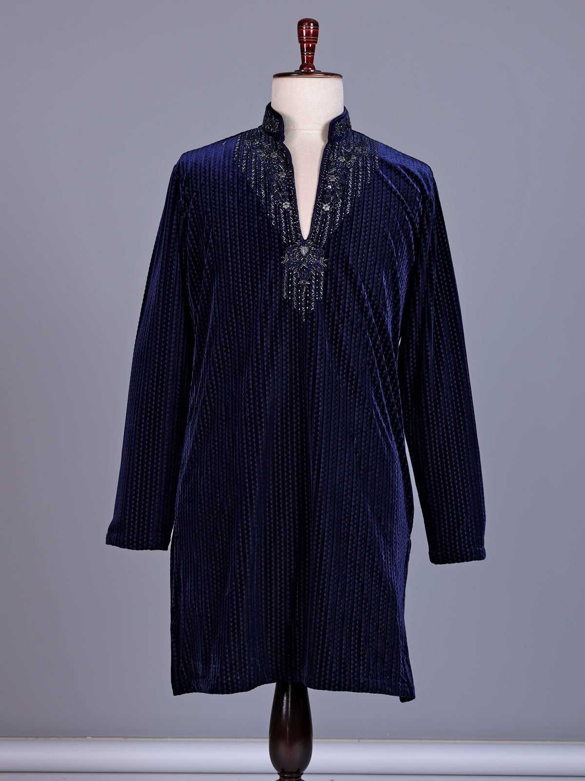 Navy blue Textured Velvet mens kurta suit with tonal embellished V-slit