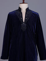 Navy blue Textured Velvet mens kurta suit with tonal embellished V-slit