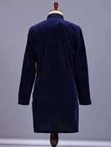 Navy blue Textured Velvet mens kurta suit with tonal embellished V-slit