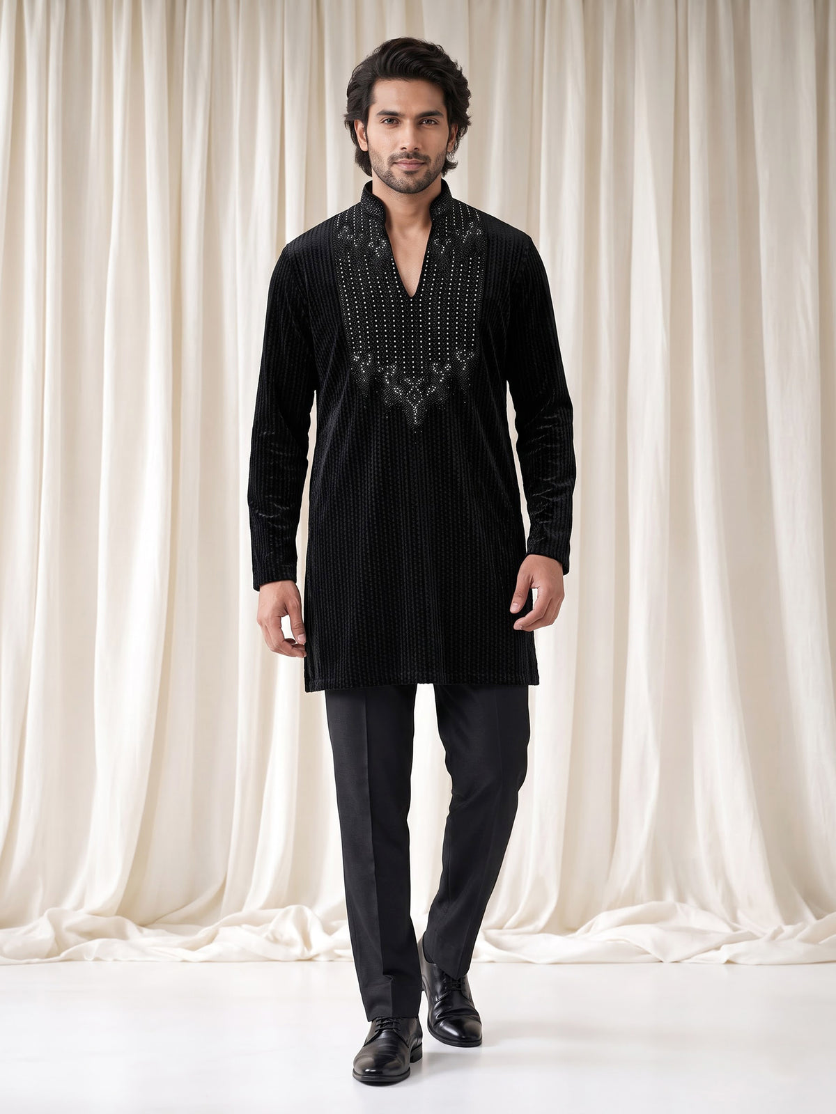 Black Textured Velvet mens kurta suit with embellished V-shaped yoke detailing