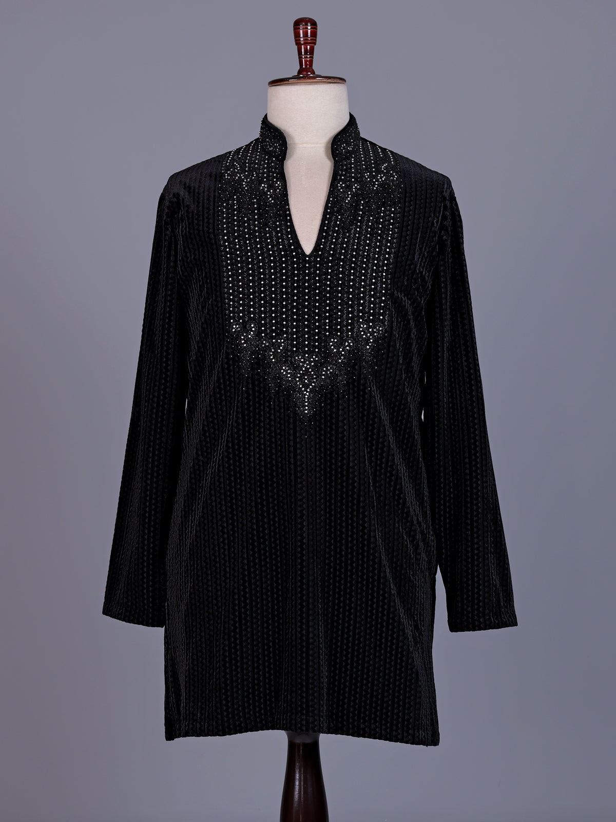 Black Textured Velvet mens kurta suit with embellished V-shaped yoke detailing