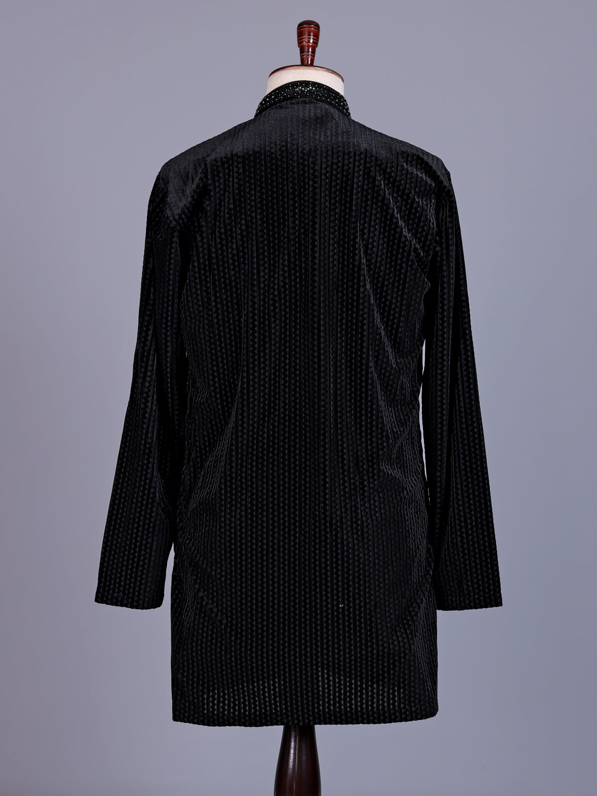 Black Textured Velvet mens kurta suit with embellished V-shaped yoke detailing