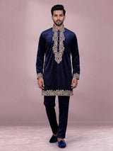 Blue micro velvet mens kurta suit with floral stone cutdana yoke