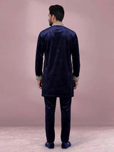 Blue micro velvet mens kurta suit with floral stone cutdana yoke