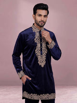 Blue micro velvet mens kurta suit with floral stone cutdana yoke