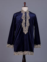 Blue micro velvet mens kurta suit with floral stone cutdana yoke