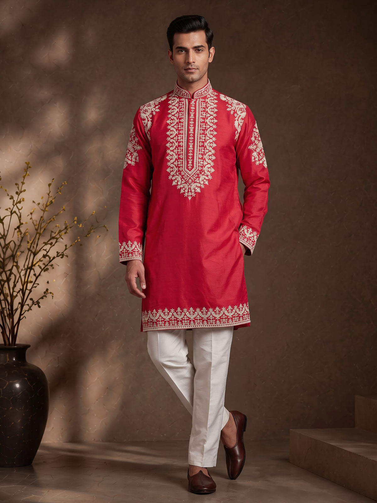 Rani pink silk blend mens kurta suit with embellished  yoke