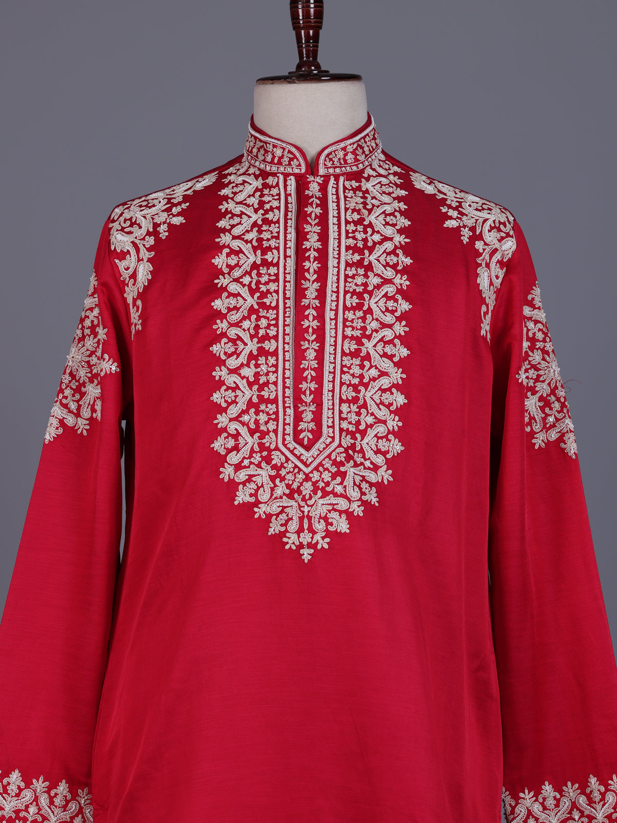 Rani pink silk blend mens kurta suit with embellished  yoke