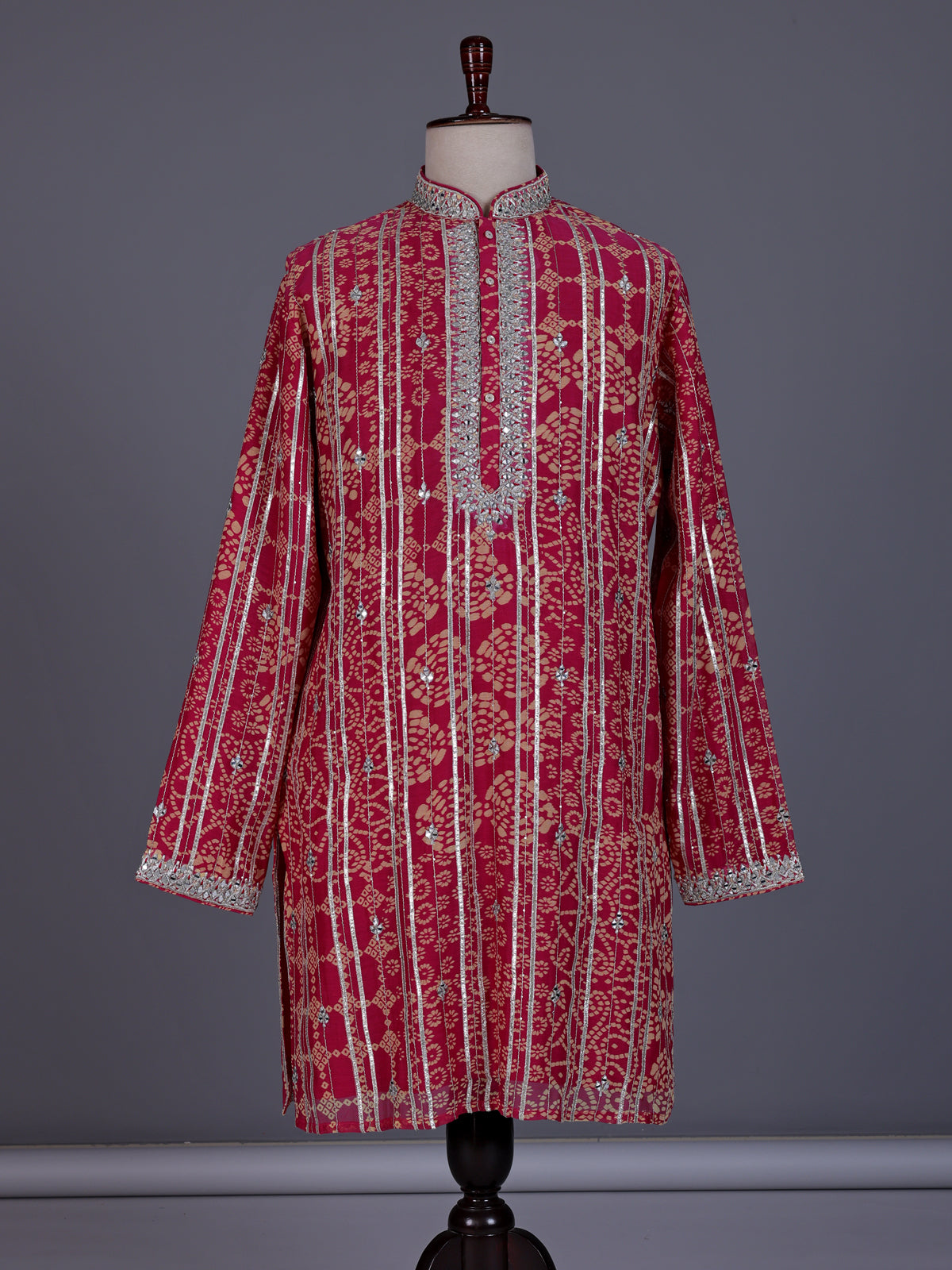 Deep pink chanderi silk mens kurta suit with bandhani gota embellishments