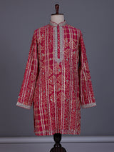 Deep pink chanderi silk mens kurta suit with bandhani gota embellishments